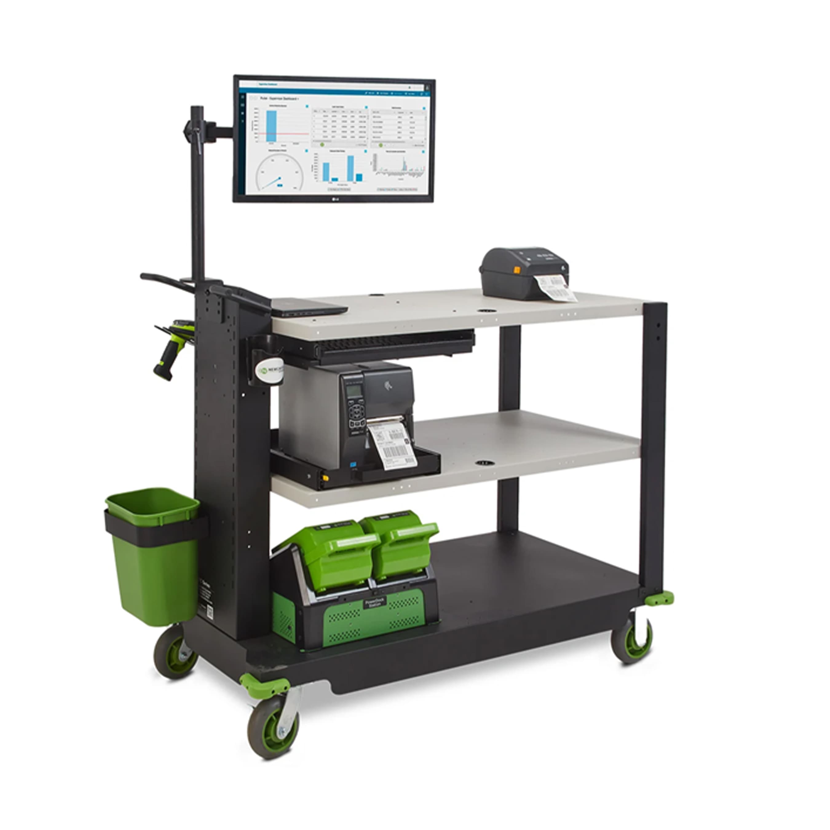 Heavy Duty Mobile Computer Workstation Cart – 48 Inch Powered Rolling PC Desk with Storage Shelves