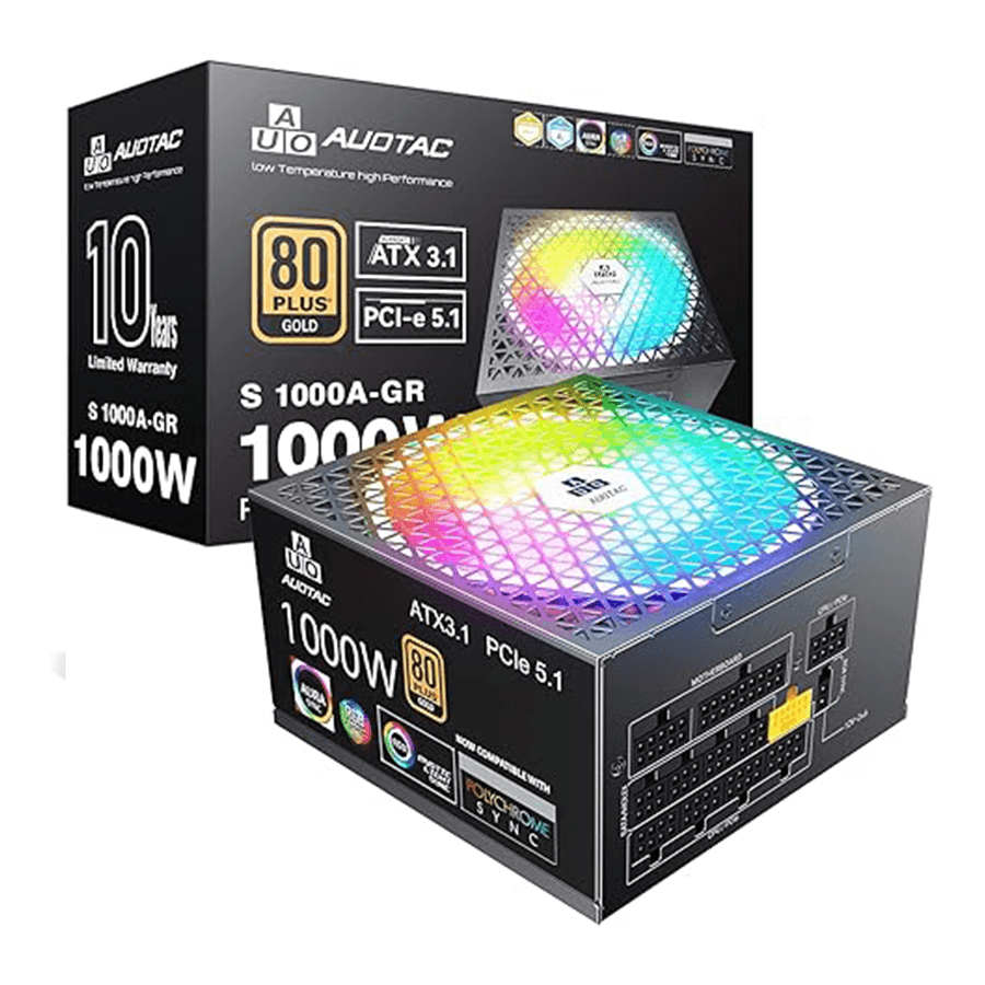 Auotac 1000W Fully Modular ATX 3.1 80+ Gold Power Supply (PCIe 5.1 Ready, RGB Fan, Black)